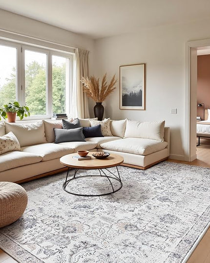 jinchan Kalen Area Rug 8x10 Washable Living Room Rug Vintage Indoor Large Floor Cover Retro Accent Mat Distressed Gray Floral Country Boho Non Slip Thin Carpet for Bedroom Dining Room Office Grey