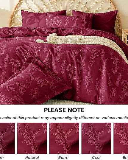 MUXHOMO Burgundy Bed in a Bag Queen 7 Pieces, Queen Comforter Set Reversible Botanical Flowers Design, Ultra Soft & Breathable Bedding Sets with Comforter, Sheets, Pillowcases & Shams