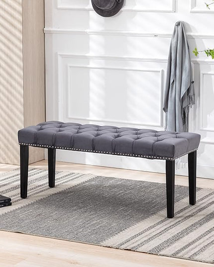 KCC Button-Tufted Ottoman Bench, Upholstered Bedroom Benches Velvet Footrest Stool Accent Bench for Entryway Dining Room Living Room Bedroom End of Bed, Dark Gray