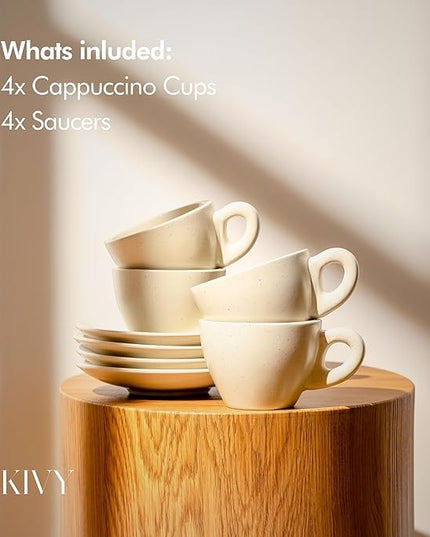 KIVY Cappuccino cups set [4x 8oz] - Thick-walled stoneware cappuccino cup set for latte art - Cappuccino coffee cups - Tazas de cafe - Latte cups - Ceramic latte art cup and saucer set of 4