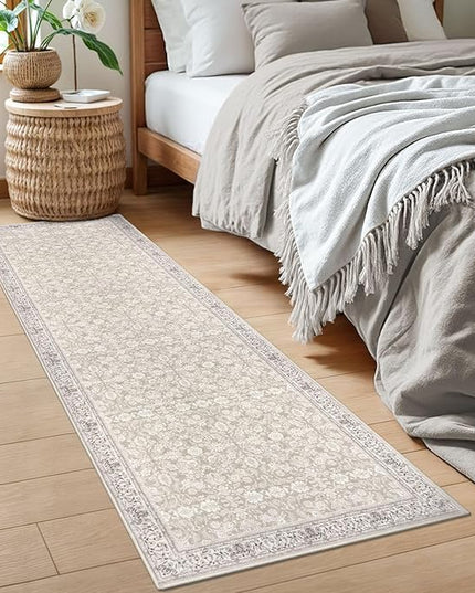 2x6 Washable Runner Rug for Hallways, Grey Begie Soft Neutral Vintage Kitchen Rugs with Non-Slip, Non-Shedding Distressed Floral Rug for Bedroom Kitchen Porch Laundry Entryway