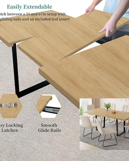 ZckyCine 51"-67" Modern Extendable Dining Table Set for 6 with 6 Padded Chairs, Wood Kitchen & Dining Room Table Set, Space-Saving Home Furniture for Small Families