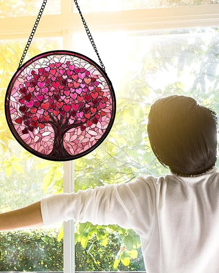 Stained Glass Window Hanging, Pink Love Tree of Life Sun Catchers Colorful Glass Panel Suncatcher Decor for Birthday for Women, Men, Wife, Lovers, and Mom 11.8x11.8 in