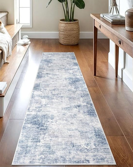 IOHOUZE Abstract Runner Rug 2x8 Ft Washable Runners for Hallways, Non Slip Kitchen Runner Printed Faux Wool Entryway Runner Indoor, Modern Floor Carpet for Hall Kitchen Bedroom, Light Blue White