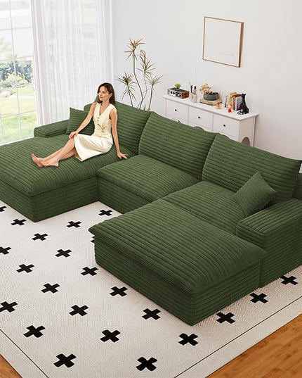 107" Cloud Couch Modular Sectional Sofa for Living Room, U-Shape Boneless Couch with Deep Seat, Modern Corduroy 3-Seater with Ottoman, No Assembly Required (Green,Left-Facing Chaise)