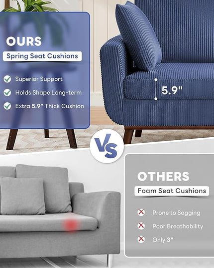 Tbfit Corduroy Couch for Living Room, Mid Century Modern Sofa with Spring Cusions for Bedroom,Comfy Upholstered Couches Easy Assembly with Solid Wood Legs & 2 Pillows (Blue, 65inch)