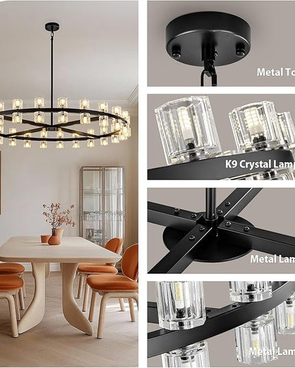 48'' Modern Large Chandelier, 48-Light Elegant Crystal Chandeliers for Dining Room, Black Farmhouse Round Wagon Wheel Pendant Lighting Fixture with Glass Shade for Living Room High Ceilings Entryway
