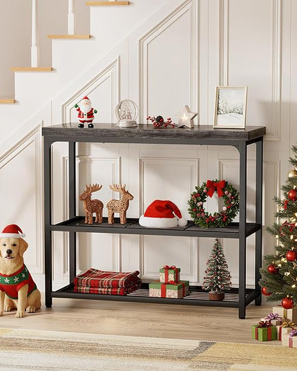 32" Small Console Table with Storage, 3-Tier Narrow Entryway Table, Sturdy Sofa Table with Mesh Shelves, Console Tables for Living Room, Bedroom, Hallway, Entryway, Foyer, Oak Grey