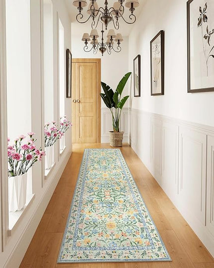 Wonnitar Washable Runners for Hallways, 2'6''x8' Floral Green Runner Rug for Kitchen Bathroom, Boho 8ft Non Silp Extra Long Rugs for Entryway Bedroom Laundry