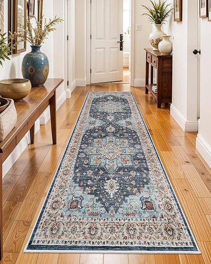 Washable Oriental Hallway Runner Rug - 3x8 Rugs for Living Room Soft Carpet for Bedroom Kitchen Waterproof Floral Distressed Indoor Stain Resistant Non-Shedding Floor Carpets (Blue/Teal/Orange, 3X8)
