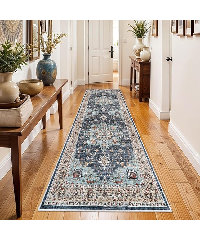 Washable Oriental Hallway Runner Rug - 3x8 Rugs for Living Room Soft Carpet for Bedroom Kitchen Waterproof Floral Distressed Indoor Stain Resistant Non-Shedding Floor Carpets (Blue/Teal/Orange, 3X8)
