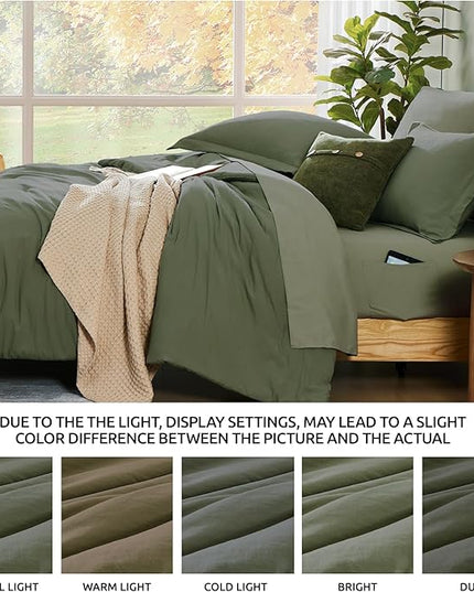 WRENSONGE King Size Comforter Set- 7 Pieces Soft Olive Green Bed in a Bag King with Fitted Sheet, Flat Sheet, 2 Pillow Shams, and 2 Pillowcases-Warm King Bedding Set for All Season