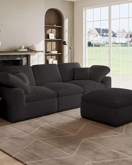Cloud Sectional Couches for Living Room, L Shaped Modular Sectional Sofa with Ottoman, Convertible Corduroy Couch for Apartment, 4 Seater Boneless Comfy Cloud Sofa, No-Assembly, Grey