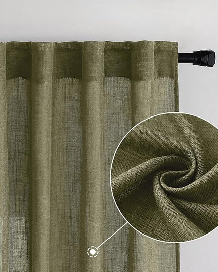 MIULEE Light Olive Green Linen Curtains 108 Inches Long 2 Panels for Bedroom Living Room, Soft Linen Textured Natural Window Drapes Semi Sheer Light Filtering Back Tab Rod Pocket Burlap Look Decor