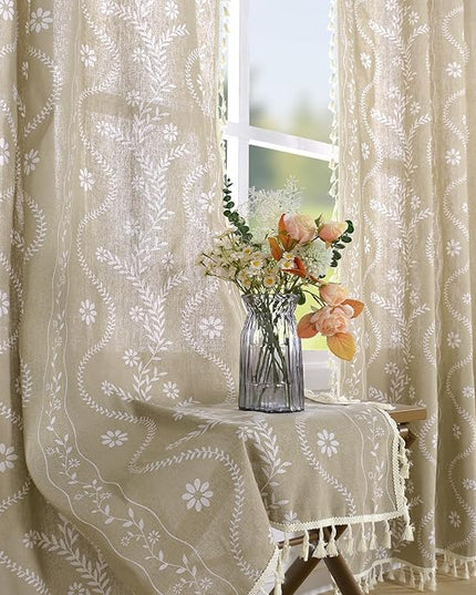 Boho Curtains 2 Panel for Living Room 84 Inches Long Linen Floral Curtains Semi Sheer Vintage Farmhouse Window Curtain Rustic Western Curtain Tan