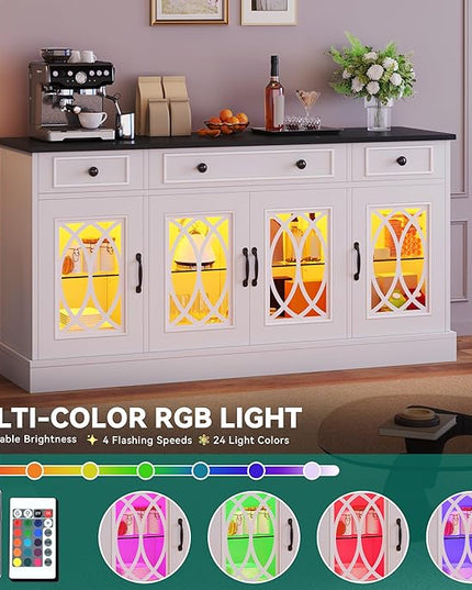 YITAHOME Sideboard Buffet Cabinet with Storage, 65" Buffet Table with 4 Glass Doors and 3 Drawers, Coffee Bar Cabinet with Adjustable Shelves for Kitchen, Living Room, White