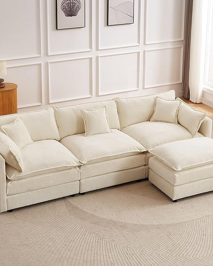 Modular Sectional Sofa, 112.2 Inch L Shaped Couch Set with Armrests, 3-Seater Comfy Cloud Couches with Movable Ottoman for Living Room Apartment, Beige