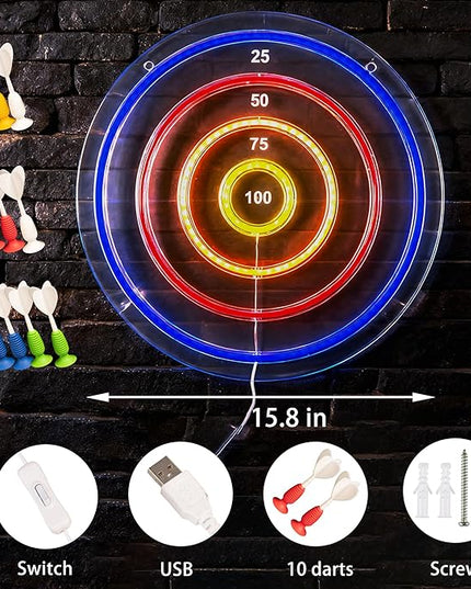 Dartboard Neon Sign for Wall Decor - Stylish LED Light & Playable Dartboard Combo with 10 Suction Cup Darts for Game Rooms, Bars, Man Caves, Home Theaters