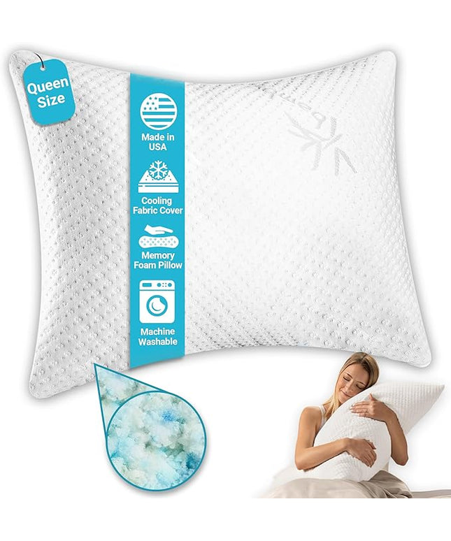 Xtreme Comforts Memory Foam Pillows Made in The USA - Queen Size, Slim Cooling Pillow for Sleeping on Side, Back & Stomach - Firm and Soft Bed Pillows