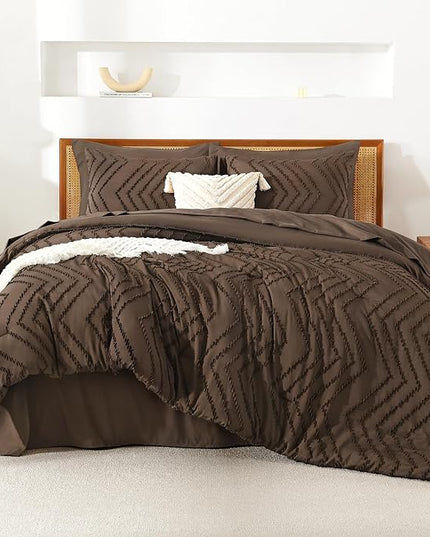 Litanika Super King Size Comforter Set with Sheets Brown - 7 Pieces Bed in a Bag Oversized King Boho Tufted Complete Bedding Sets with Comforter, Sheets, Pillowcases & Shams