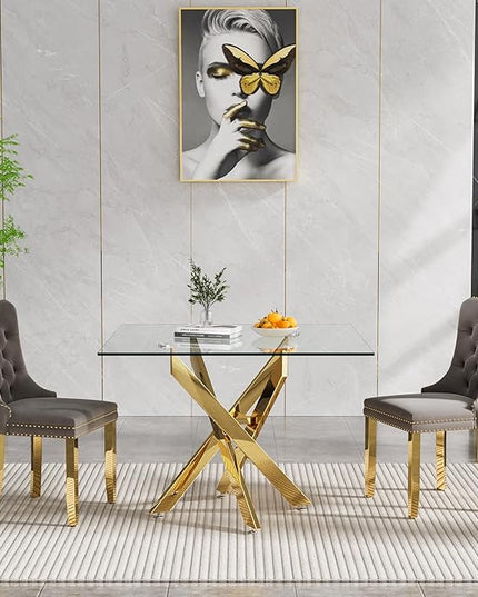 Glass Dining Table Set for 2, Square 36" Dining Table with Gold Cross Metal Leg, 2 Gray Velvet Dining Chairs with Stainless Steel Legs, Modern Glass Kitchen Table and Chairs Set for Small Space