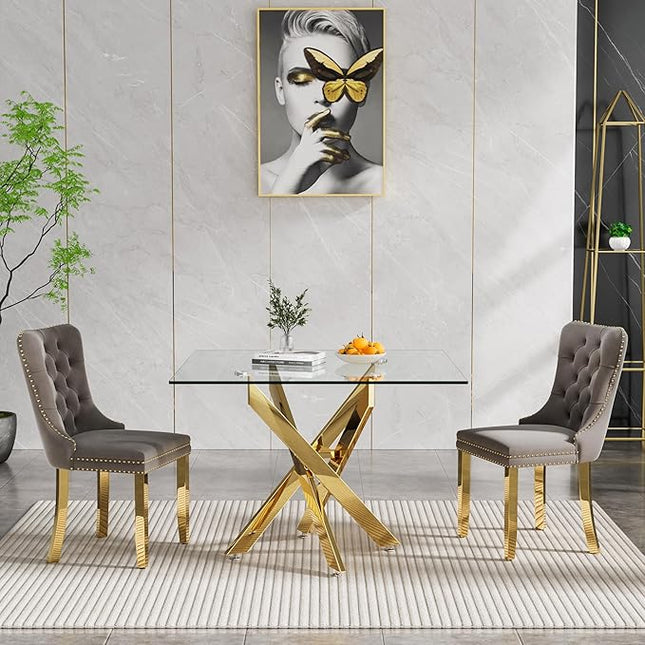 Glass Dining Table Set for 2, Square 36" Dining Table with Gold Cross Metal Leg, 2 Gray Velvet Dining Chairs with Stainless Steel Legs, Modern Glass Kitchen Table and Chairs Set for Small Space