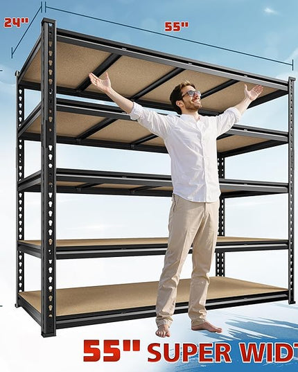 55" W Storage Shelves, 2550LBS Garage Shelving, 5-Tier Metal Shelving Unit, Adjustable Heavy Duty Shelving for Garage, Warehouse, Pantry, Kitchen, 55" W × 24" D × 72" H, Black