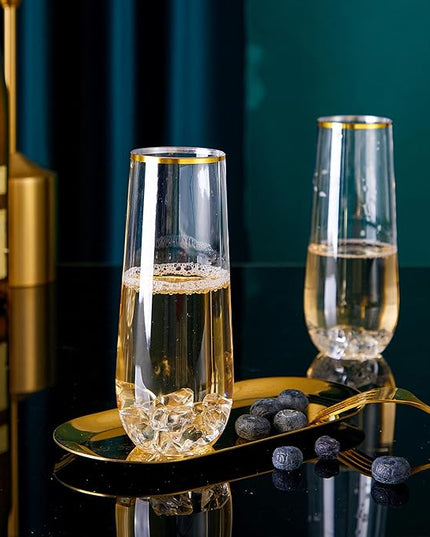 N9R 12PCS Plastic Champagne Flutes, 9 oz Stemless Disposable Gold Rim Toasting Glasses, Crystal Clear Cocktail Cups Drinkware Shatterproof Ideal for Party Wedding Birthday