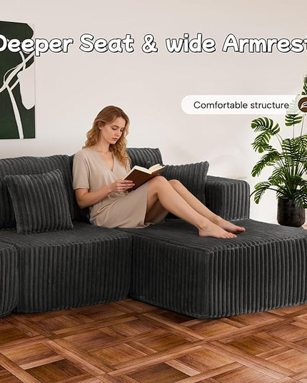 132" U Shaped Boneless Couch, Cloud Sectional Modular Sofa with Double Chaise Lounge, Corduroy Cloud Couch with Pillows & Deep Seat, Boneless Sofa for Living Room, Grey