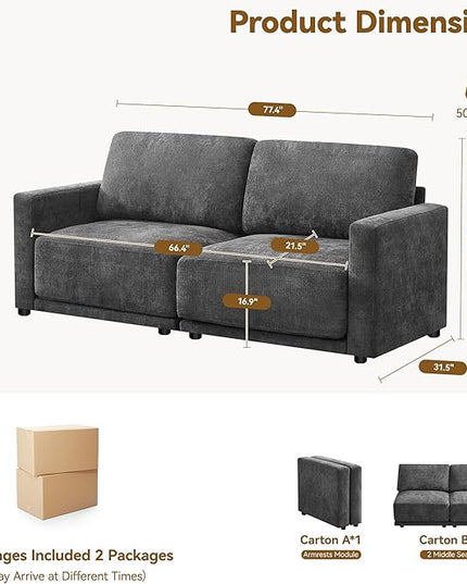 77.4" Chenille Modular Loveseat Oversized Upholstered 2 Seater Sectional Sofa with Thickened Cushions, Easy Assembly, Modern Comfy Love Seat Couch for Living Room, Grey