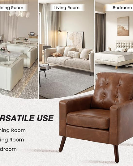 PU Accent Arm Chair with Tufted Back, Faux Leather Comfy Upholstered Single Sofa, Mid Century Modern Side Club Chair with Wood Legs for Reading/Living Room/Bedroom, Caramel