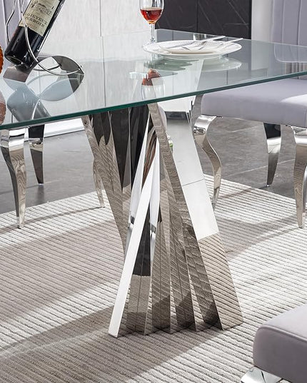 70" Glass Dining Table for 6, Modern Tempered Glass Kitchen Table, Rectangular Dining Room Table with Silver Stainless Steel Base Dinner Tables for Kitchen Home Office