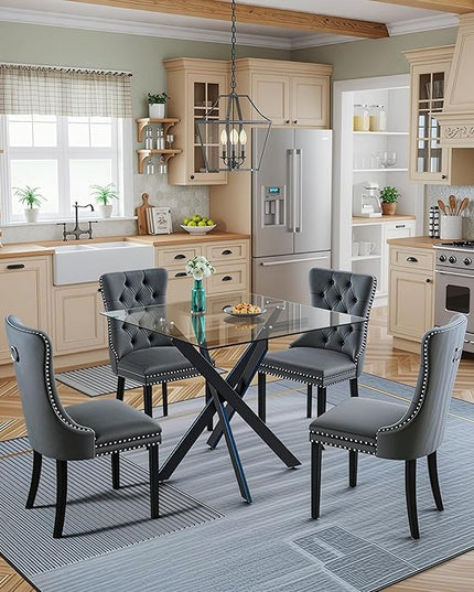 5 Piece Square Glass Dining Table Set for 4, Modern Dining Room Table and Chairs Set, Tempered Glass Top Kitchen Table with 4 Velvet Chairs, Space Saving Dining Set for Small Apartment or Home