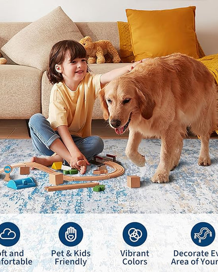 Modern Abstract 2x8 Runner Rug Non Slip Non Shedding Rug Low Pile Stain Resistant for Bedroom Hallway Kitchen,Blue/Grey