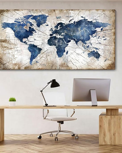 World Map Canvas Wall Art Abstract Navy World Maps for Wall Vintage Modern Wall Art for Office Framed Pictures for Living Room Bedroom Wall Decoration for Home Office Decor Artwork for Walls 29x58IN