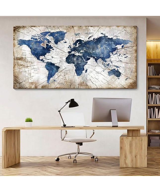 World Map Canvas Wall Art Abstract Navy World Maps for Wall Vintage Modern Wall Art for Office Framed Pictures for Living Room Bedroom Wall Decoration for Home Office Decor Artwork for Walls 29x58IN
