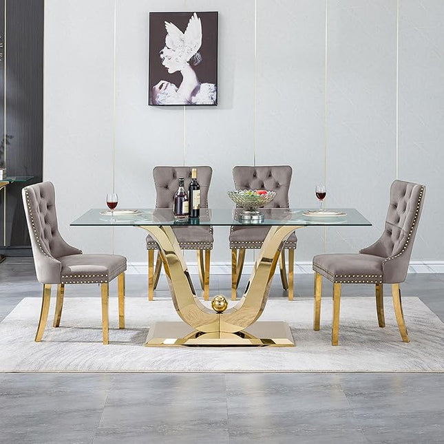 5-Piece Glass Dining Table Set w/4 Gray Upholstered Dining Chairs, 70in Rectangular Large Kitchen Table Set for 4, Glass and Gold Dining Table and Chair Set for 4