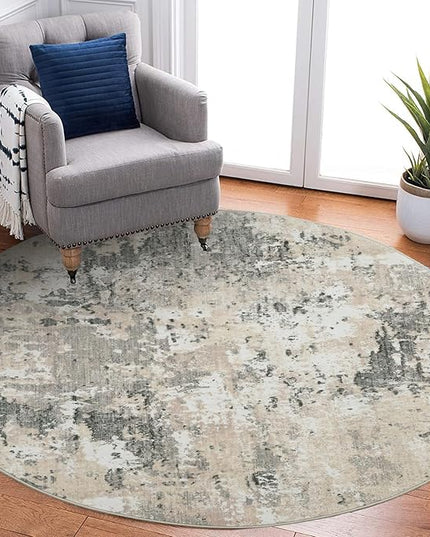 Modern Abstract 4x4 Round Area Rug Non Slip Non Shedding Rug Low Pile Stain Resistant for Bedroom Living Room Office Dining Room,Grey Yellow