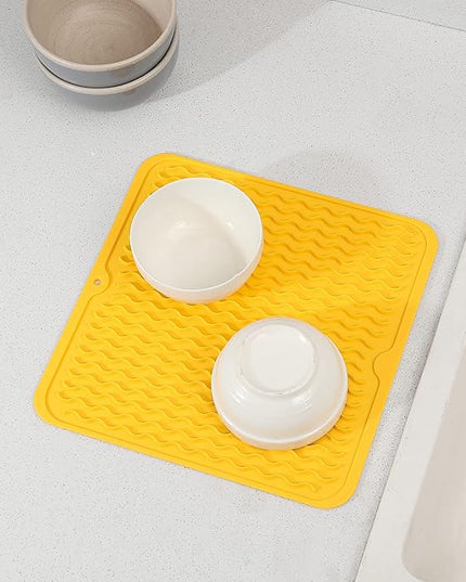 Silicone Dish Drying Mat for Multiple Usage,Easy clean,Eco-friendly,Heat-resistant Silicone Mat for Kitchen Counter or Sink,Refrigerator or Drawer liner Yellow M 12 inches x 12 inches
