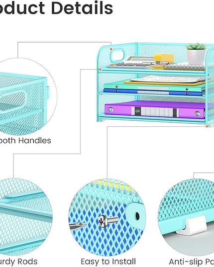 3 Tier Paper Organizer with Handle, Metal Desk Organizer Mesh Paper Letter Tray Desktop File Folder Document Sorter for Classroom, School, Office Accessories Organization and Storage - Blue