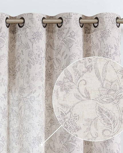 Lazzzy Linen Farmhouse Curtains for Living Room 63 Inch Length Floral Print Window Curtains Semi Sheer Drapes for Bedroom Country Light Filtering Curtain Grommet Top 2 Panels Purple Grey on Beige