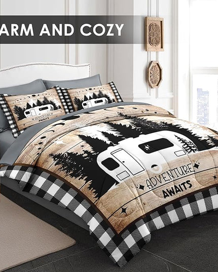 Comforter Set Full Size, Camping Camper Rv 7 Pcs Bedding for Kids and Adults, Car Family Bed Sheet Sets with Fitted Sheet 2 Pillowcases & 2 Shams for Bedroom Bed Decor