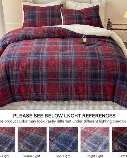 Cyusri Plaid Sherpa Comforter Set 2Pcs Fluffy Warm Fleece Down Alternative, Red Blue Grid Pattern Bedding Set with 1 Pillowcase, Twin Size 68"x90"