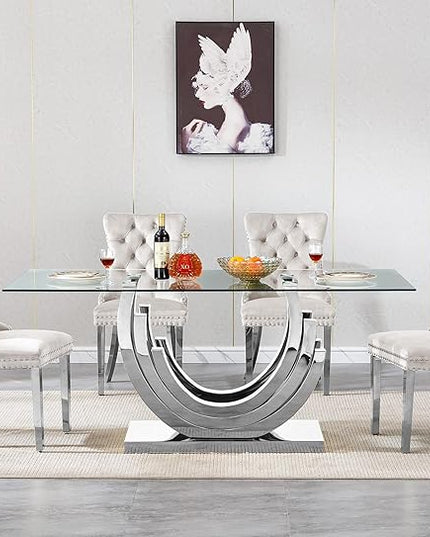 Henf 5-Piece Dining Table Set with 4 Upholstered Dining Chairs, Large Dining Table and Chair Set for 4, Modern Glass Kitchen Table Furniture for Dining Room, Glass Top and Stainless Steel Pesestal
