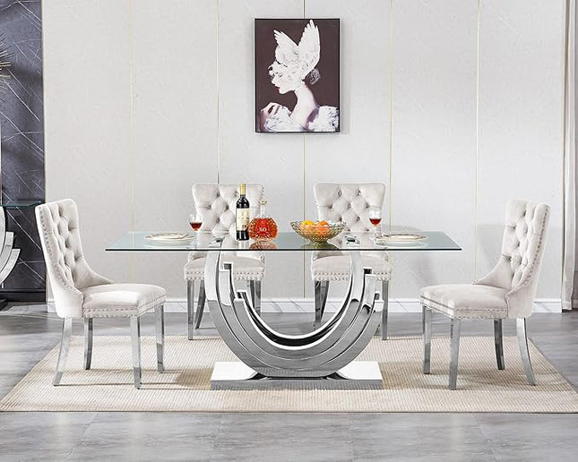 Henf 5-Piece Dining Table Set with 4 Upholstered Dining Chairs, Large Dining Table and Chair Set for 4, Modern Glass Kitchen Table Furniture for Dining Room, Glass Top and Stainless Steel Pesestal