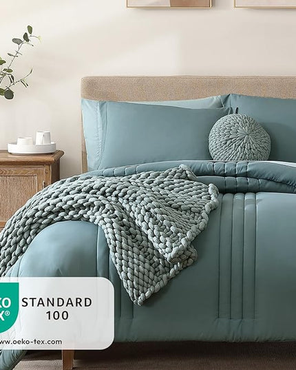 Monbix California King Size Comforter Set - 7 Pieces Bed in a Bag California King, Blue Green Bedding Sets, All Seasons Comforter Bed Set with Sheets, Pillowcases & Shams