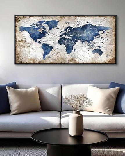 World Map Canvas Wall Art Navy World Maps for Wall Vintage Modern Wall Art for Office Framed Pictures for Living Room Bedroom Wall Decoration for Home Office Decor Artwork for Walls 24x48IN