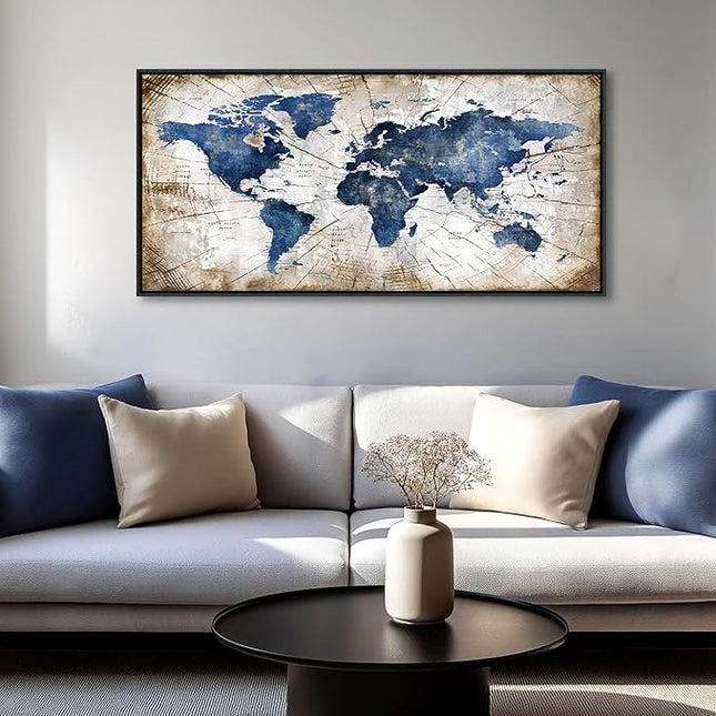 World Map Canvas Wall Art Navy World Maps for Wall Vintage Modern Wall Art for Office Framed Pictures for Living Room Bedroom Wall Decoration for Home Office Decor Artwork for Walls 24x48IN