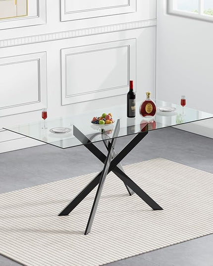 HomVent 5 Pieces Rectangular Glass Dining Table Table Set, Glass Kitchen Table Set for 4 with 4 PU Dining Chairs for Kitchen Dining Room