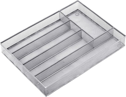 Neudeco Silverware Drawer Organizer Holder, Cutlery Tray Silverware Flatware Storage Divider for Kitchen, Bedroom, Living Room,Mesh Wire with Non-slip foam Feet, 5 Compoment（ Silver）